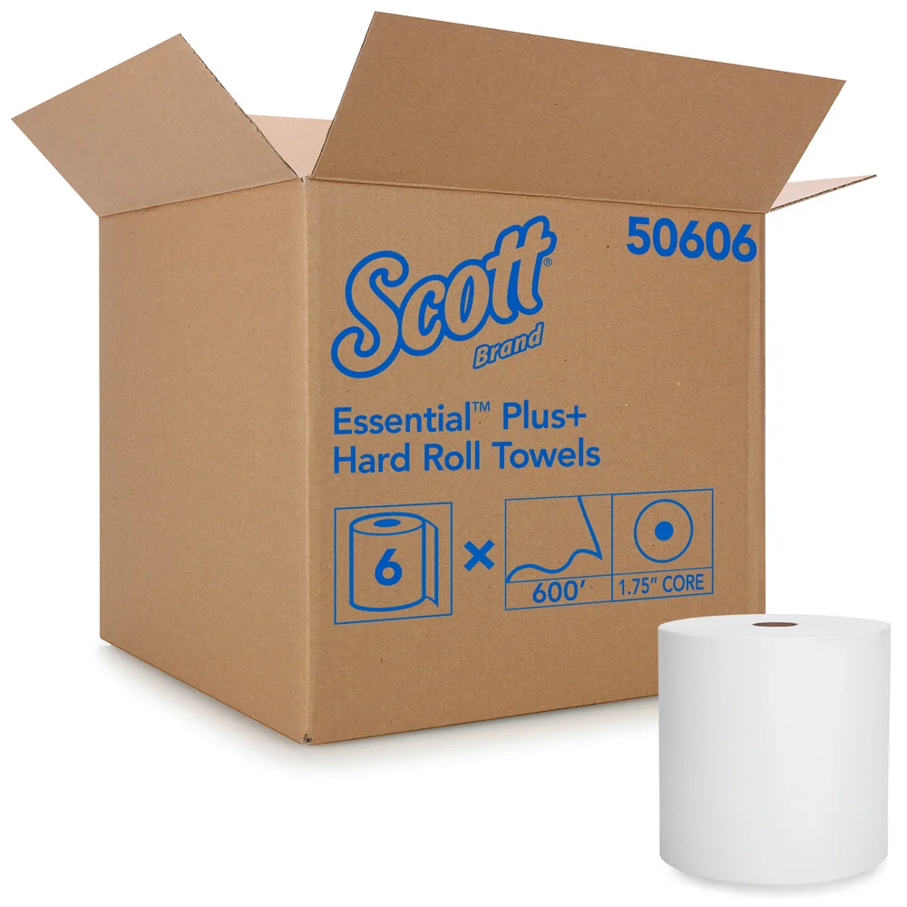 Scott Essential Universal Plus Hard Roll Towels 50606 - White, 8" x 600', 6 Count